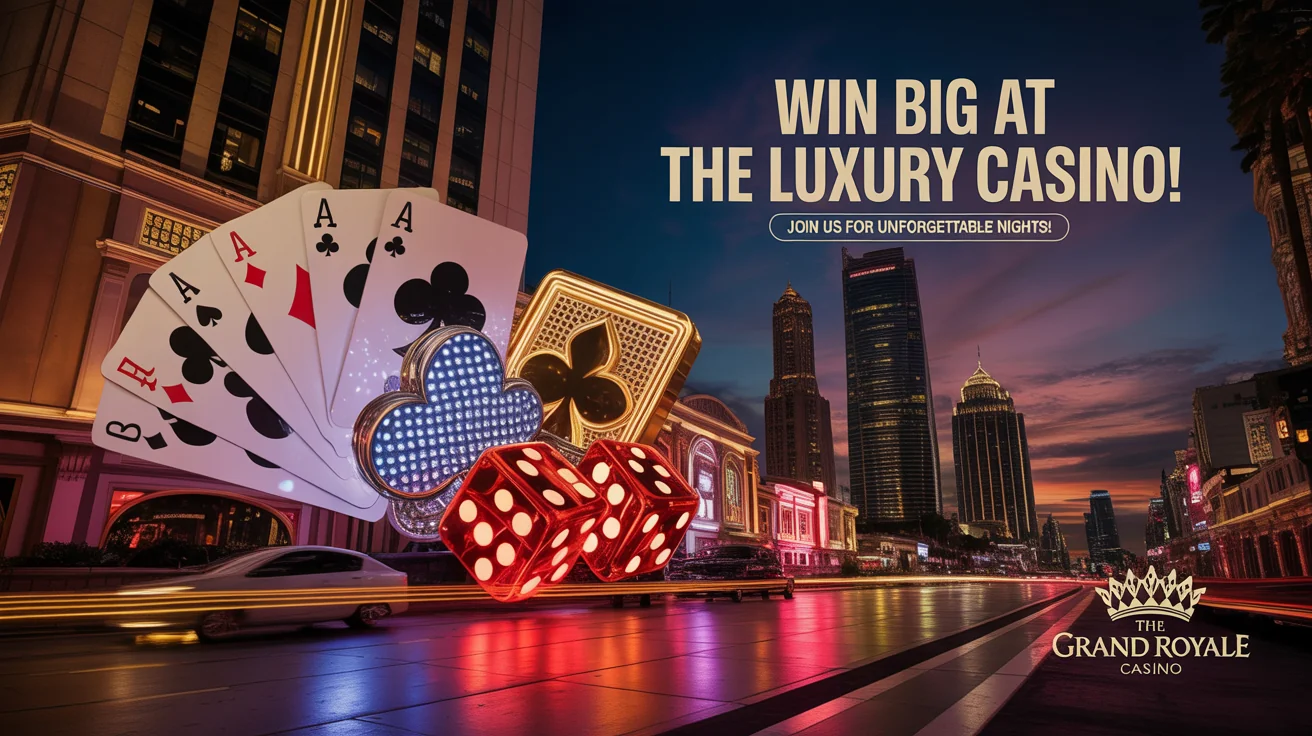 A glamorous 16:9 casino billboard design featuring shiny playing cards and dice against a vibrant city skyline at night. Bold golden text reads 'WIN BIG AT THE LUXURY CASINO!' with the tagline 'Join us for unforgettable nights!' below.