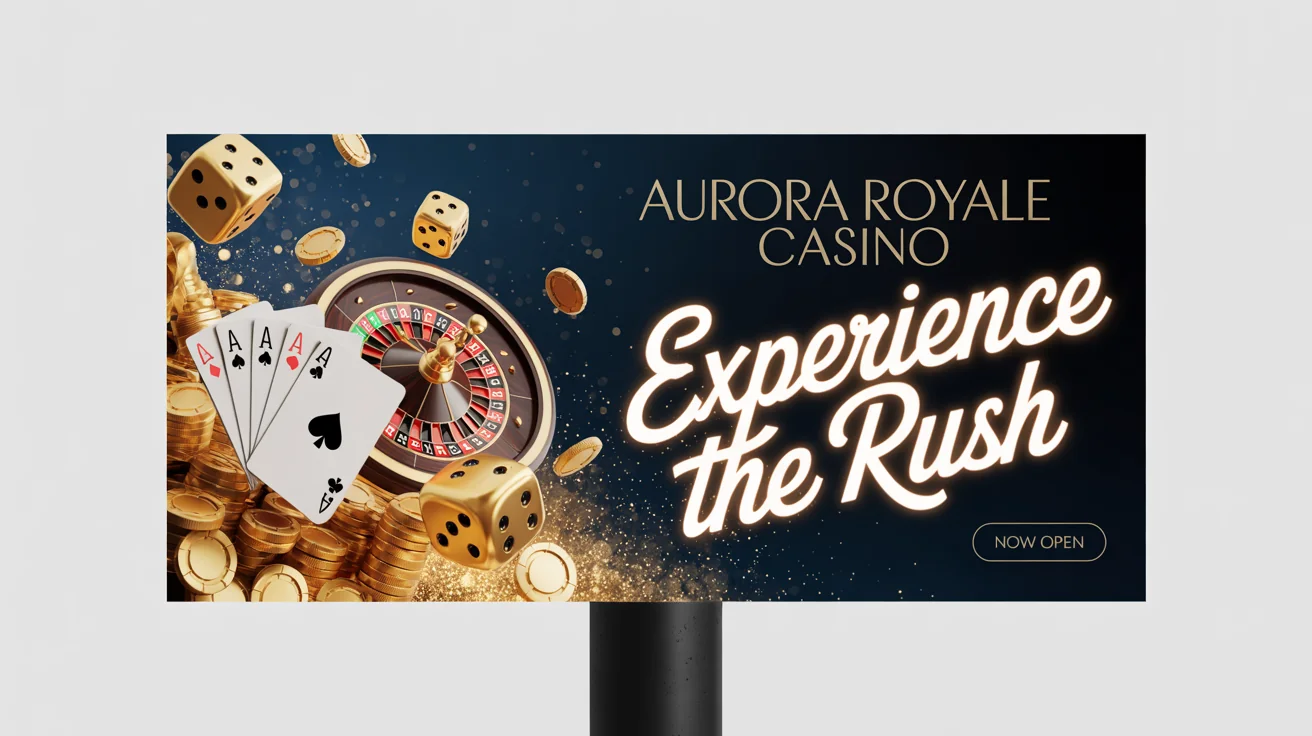 A mockup of a modern and luxurious casino billboard for the 'AURORA ROYALE CASINO'. The design shows golden dice, a roulette wheel, and playing cards with the tagline 'Experience the Rush', all set against a plain white background.