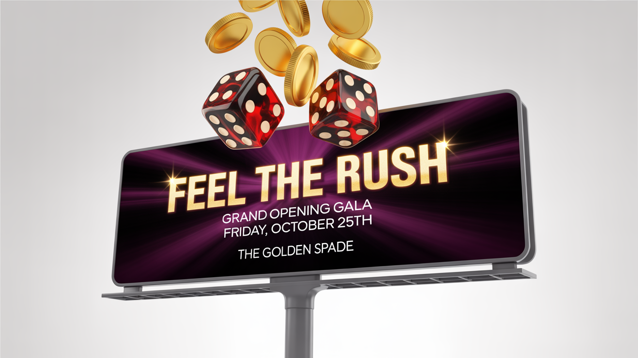 A mockup of a modern casino billboard with a dark purple background against a plain white surface. The billboard reads 'FEEL THE RUSH' and 'GRAND OPENING GALA' in gold and white text, with images of gold coins and red dice.
