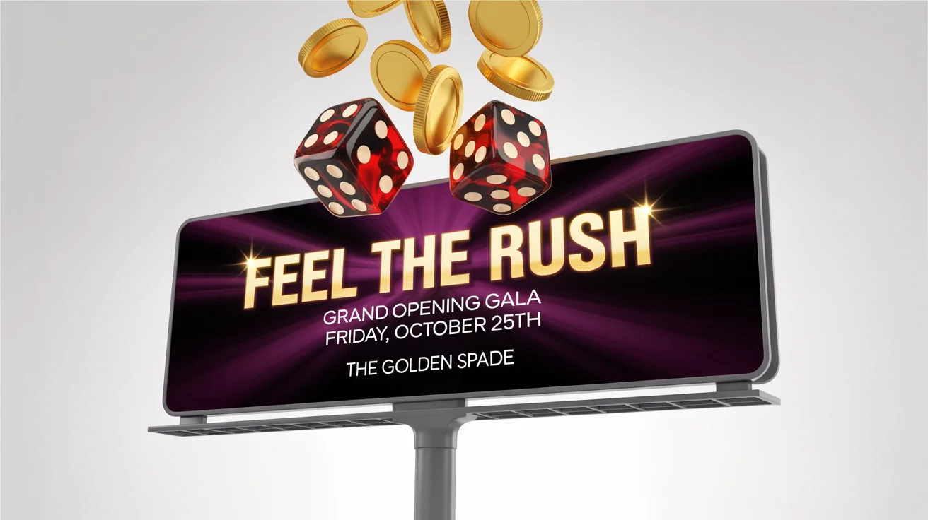 A mockup of a modern casino billboard with a dark purple background against a plain white surface. The billboard reads 'FEEL THE RUSH' and 'GRAND OPENING GALA' in gold and white text, with images of gold coins and red dice.
