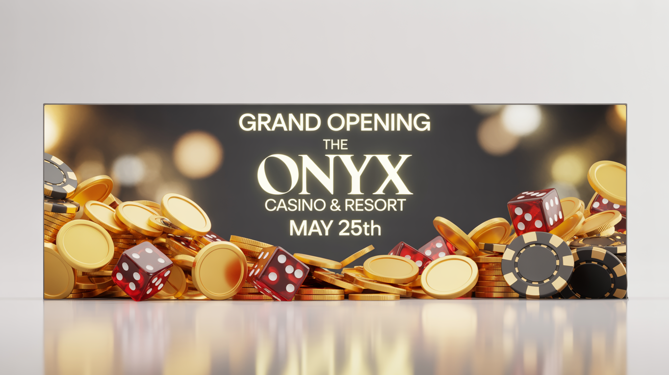 A photorealistic mockup of a luxury casino billboard advertising the 'GRAND OPENING' of 'THE ONYX CASINO & RESORT' on 'MAY 25TH', set against a white background.