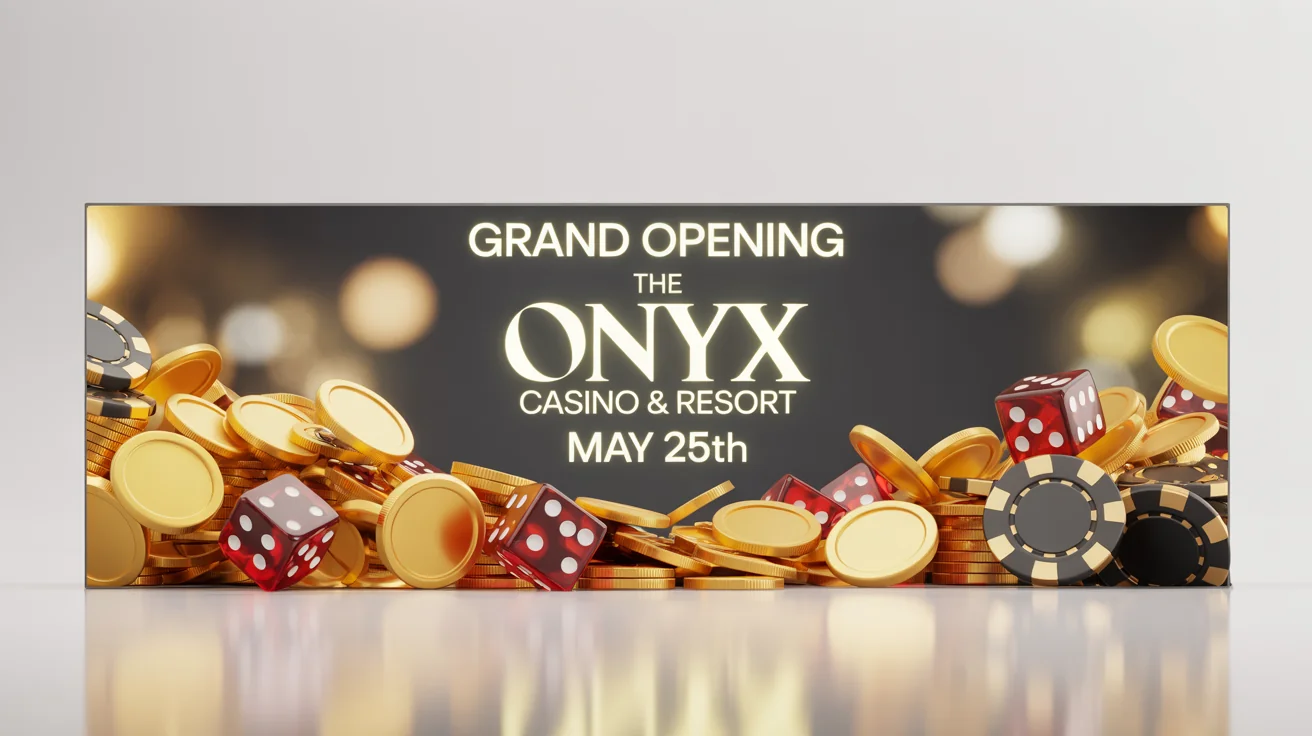 A photorealistic mockup of a luxury casino billboard advertising the 'GRAND OPENING' of 'THE ONYX CASINO & RESORT' on 'MAY 25TH', set against a white background.