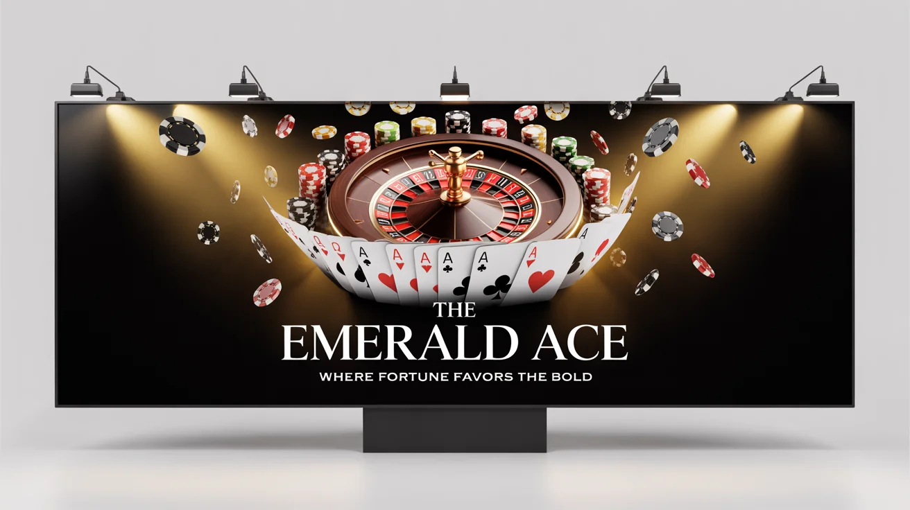 A mockup of a luxurious casino billboard design for 'The Emerald Ace' featuring a roulette wheel and playing cards, set against a solid white background.