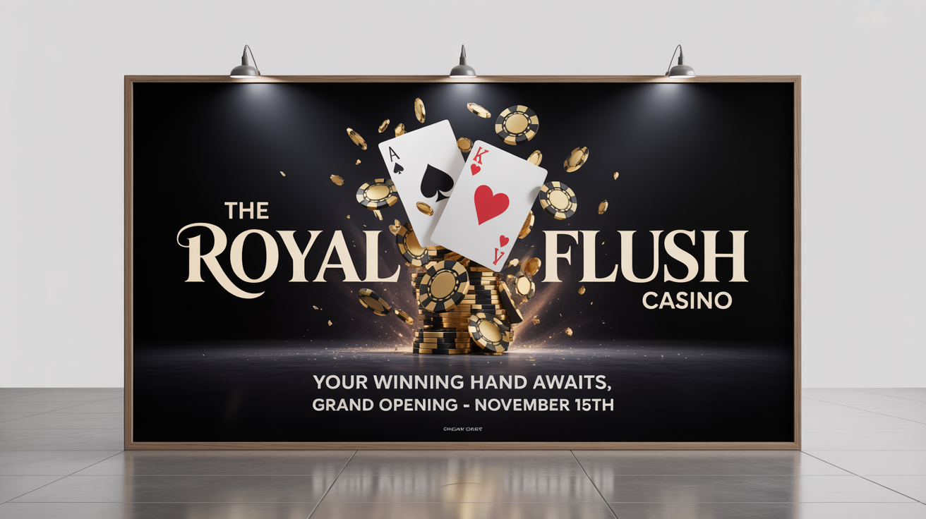 A mockup of a modern casino billboard for 'The Royal Flush Casino', featuring gold poker chips and cards on a black background, presented against a plain white backdrop.