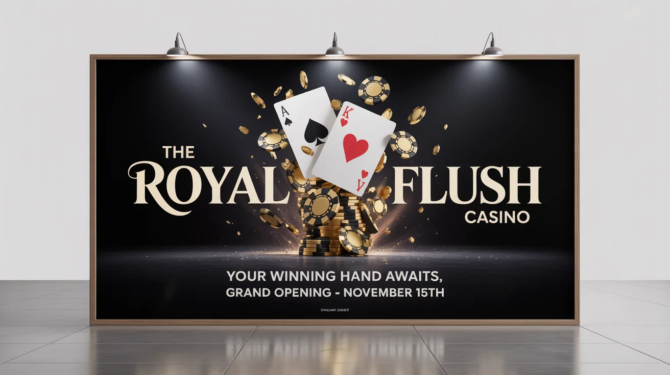 A mockup of a modern casino billboard for 'The Royal Flush Casino', featuring gold poker chips and cards on a black background, presented against a plain white backdrop.