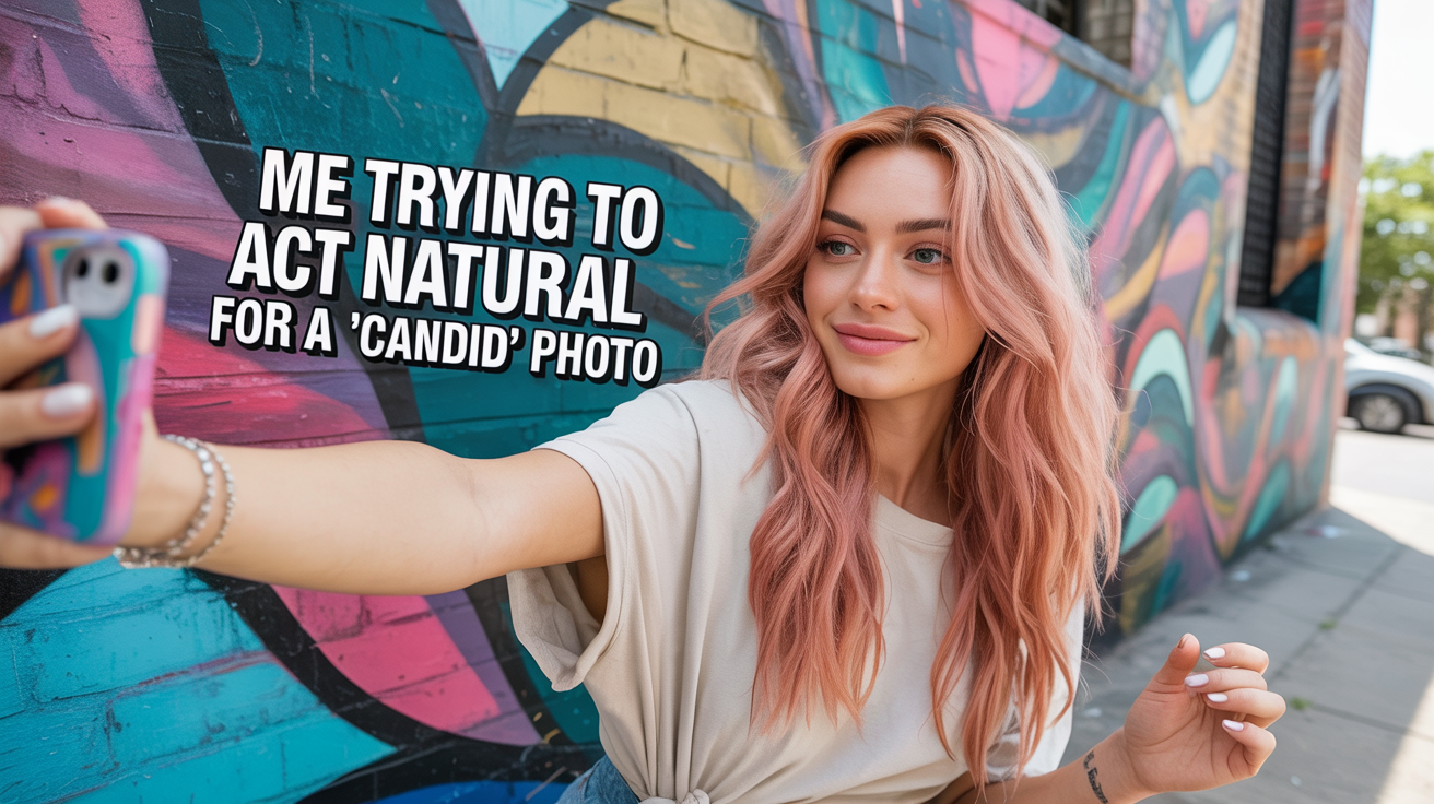 A finished Instagram meme showing a stylish young woman with pastel hair taking a selfie. The meme text reads, 'Me trying to act natural for a 'candid' photo'.