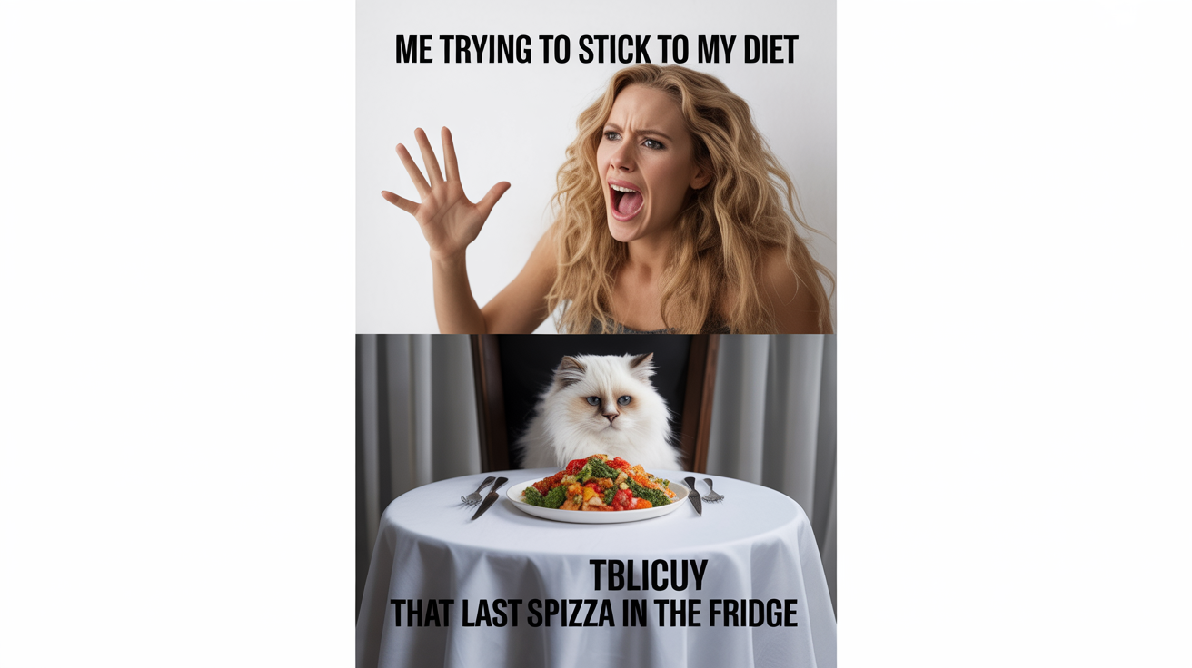 A funny internet meme about dieting, showing a woman yelling 'Me trying to stick to my diet' and a confused cat labeled 'That last slice of pizza in the fridge'.