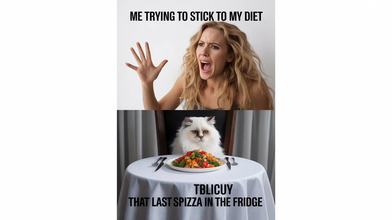 A funny internet meme about dieting, showing a woman yelling 'Me trying to stick to my diet' and a confused cat labeled 'That last slice of pizza in the fridge'.