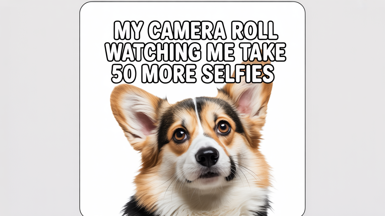 A mockup of a funny Instagram meme showing a corgi giving a judgmental side-eye. The text on the meme reads, 'MY CAMERA ROLL WATCHING ME TAKE 50 MORE SELFIES'.