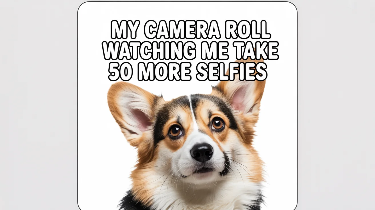 A mockup of a funny Instagram meme showing a corgi giving a judgmental side-eye. The text on the meme reads, 'MY CAMERA ROLL WATCHING ME TAKE 50 MORE SELFIES'.