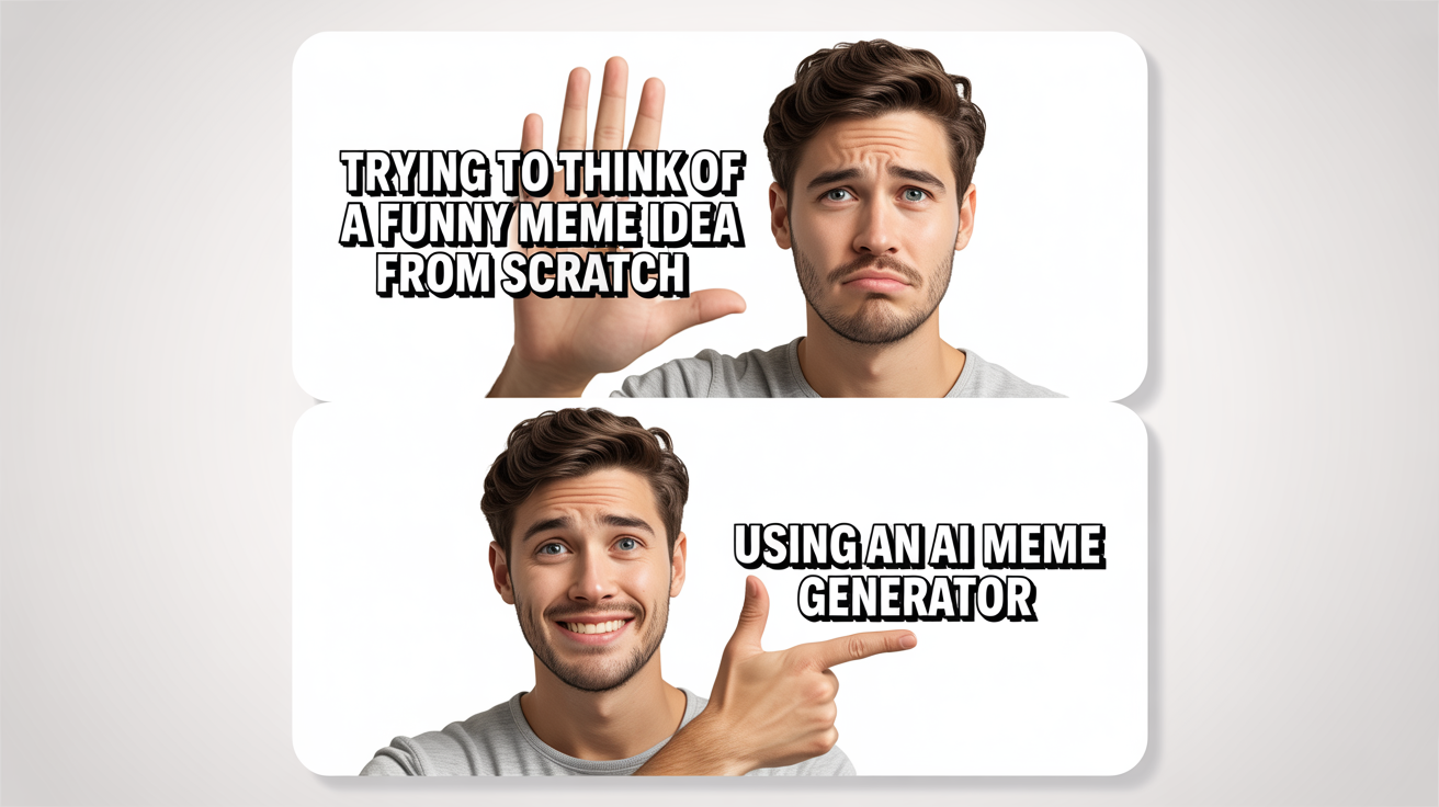 An Instagram meme mockup in a two-panel format. The top panel shows a man rejecting the text 'Trying to think of a funny meme idea from scratch.' The bottom panel shows the same man happily approving the text 'Using an AI meme generator.'