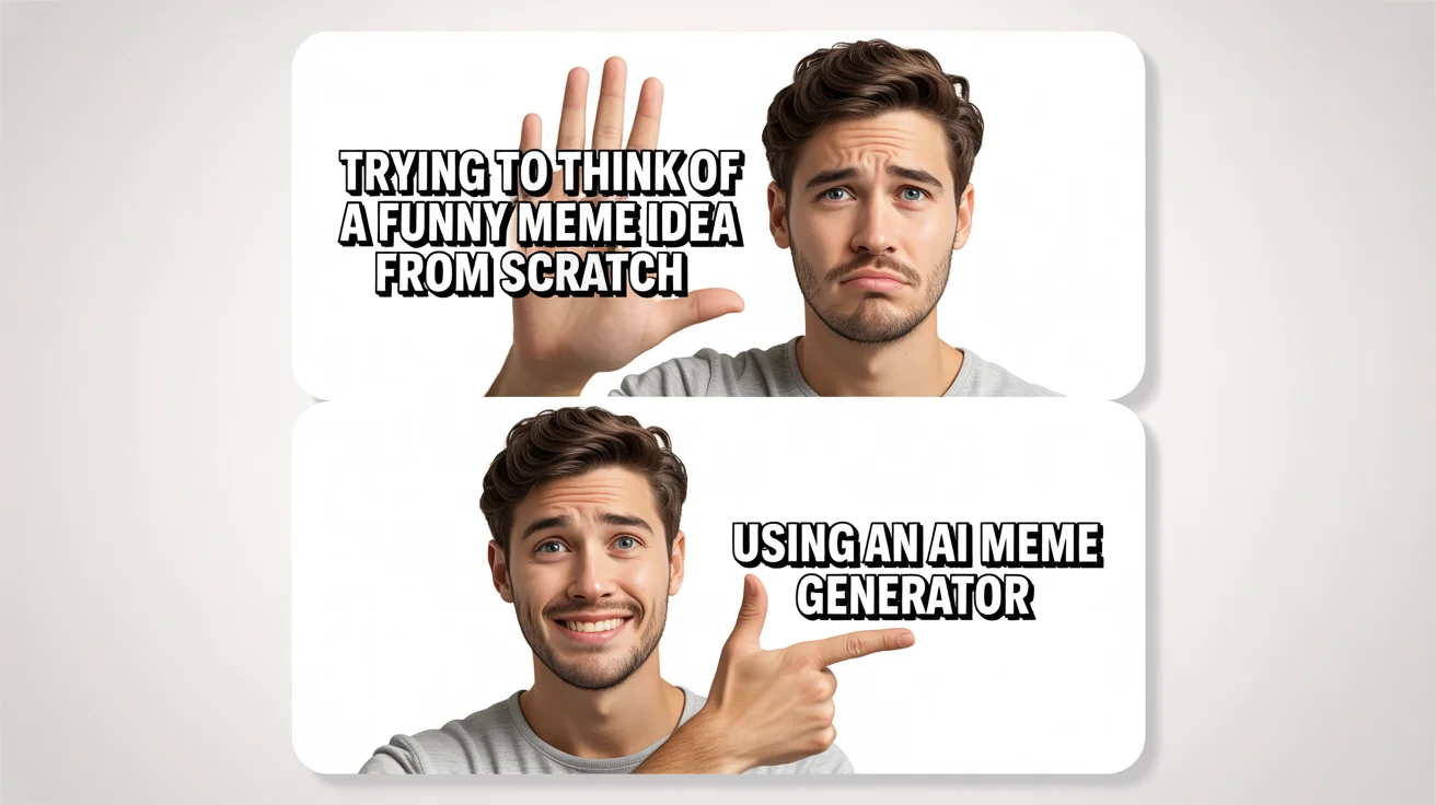 An Instagram meme mockup in a two-panel format. The top panel shows a man rejecting the text 'Trying to think of a funny meme idea from scratch.' The bottom panel shows the same man happily approving the text 'Using an AI meme generator.'