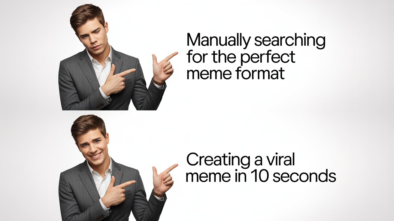 A two-panel meme mockup demonstrating a benefit. The top panel shows a man disapproving of the text 'Manually searching for the perfect meme format'. The bottom panel shows the same man approving of the text 'Creating a viral meme in 10 seconds'.