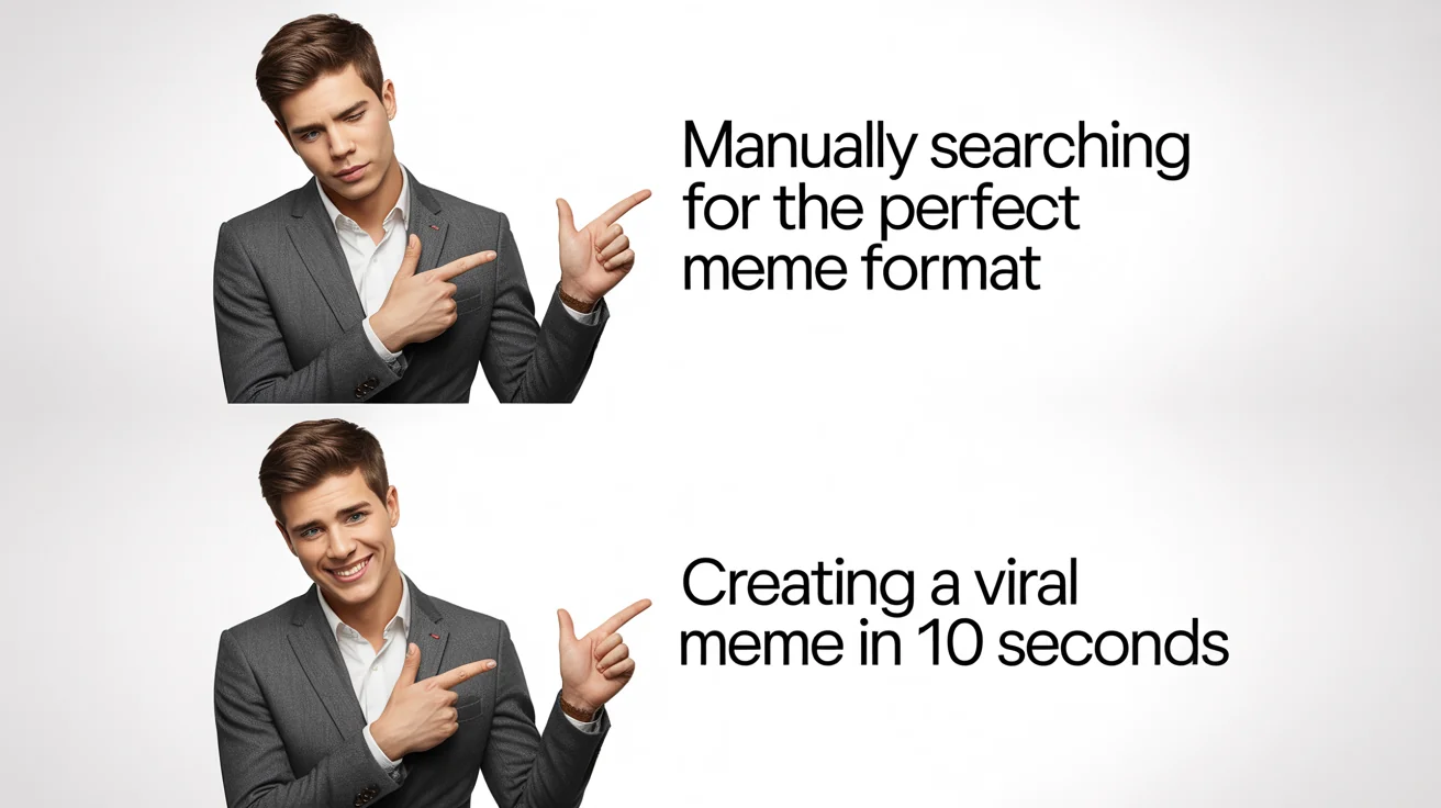 A two-panel meme mockup demonstrating a benefit. The top panel shows a man disapproving of the text 'Manually searching for the perfect meme format'. The bottom panel shows the same man approving of the text 'Creating a viral meme in 10 seconds'.