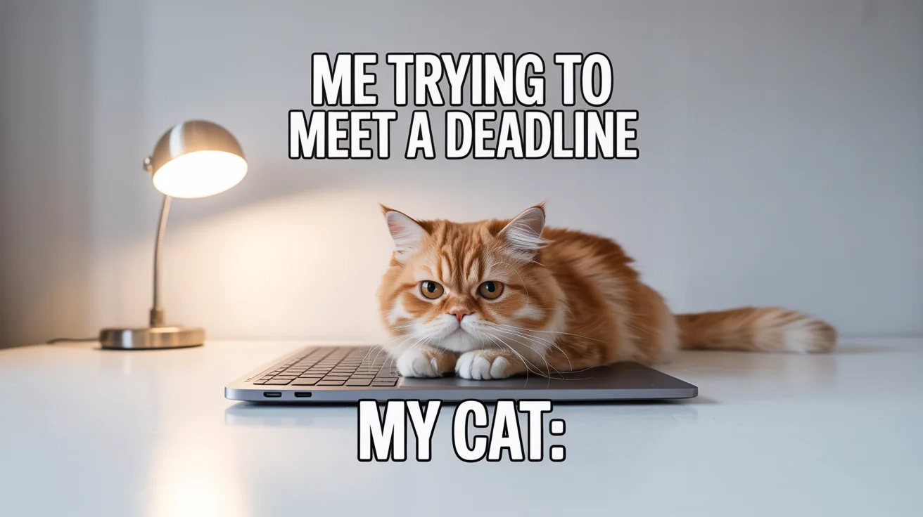 A mockup of an Instagram meme showing a grumpy cat sitting on a laptop. The text on the meme reads 'ME TRYING TO MEET A DEADLINE' and 'MY CAT:'.