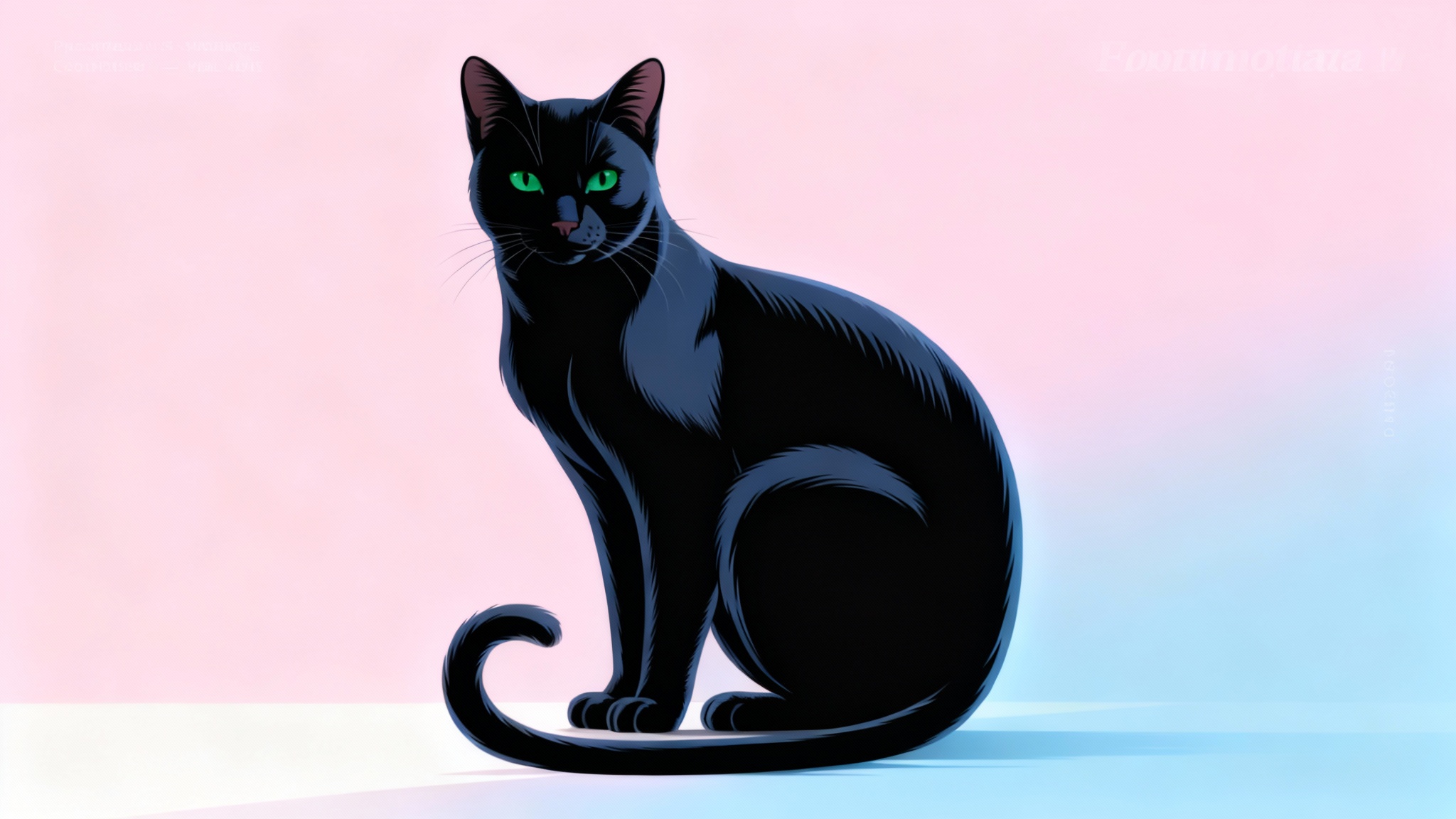 A sleek black cat with green eyes, as a transparent PNG, is placed on top of a colorful graphic design poster, demonstrating the high-quality result of a background removal tool.