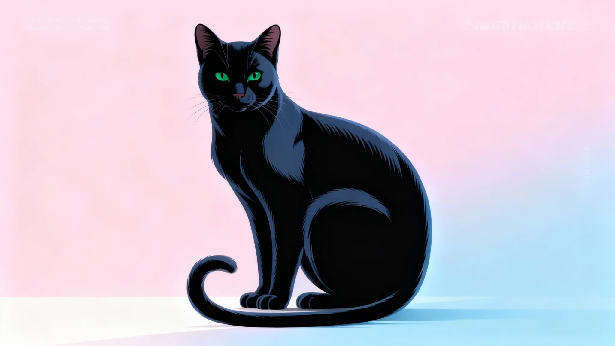 A sleek black cat with green eyes, as a transparent PNG, is placed on top of a colorful graphic design poster, demonstrating the high-quality result of a background removal tool.