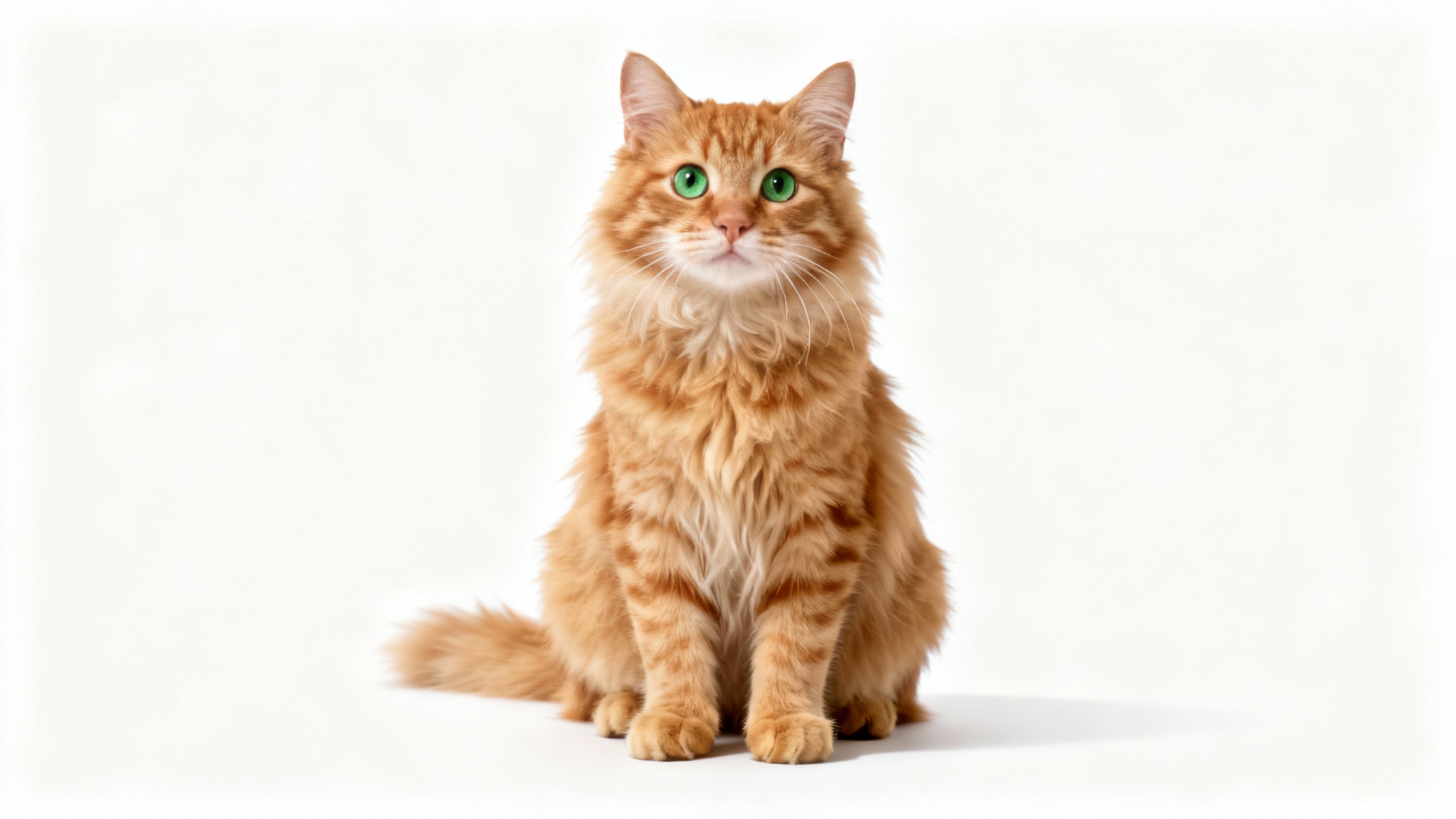 A photorealistic, high-resolution image of a cute ginger tabby cat sitting on a pure white background, looking directly into the camera with curiosity.