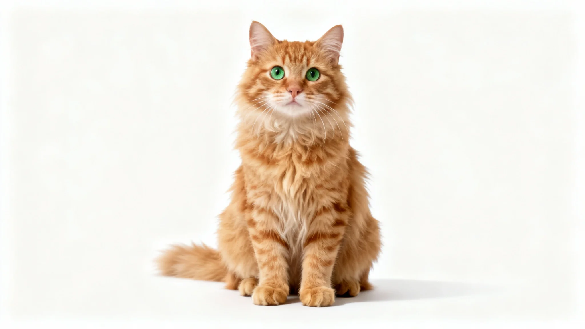 A photorealistic, high-resolution image of a cute ginger tabby cat sitting on a pure white background, looking directly into the camera with curiosity.