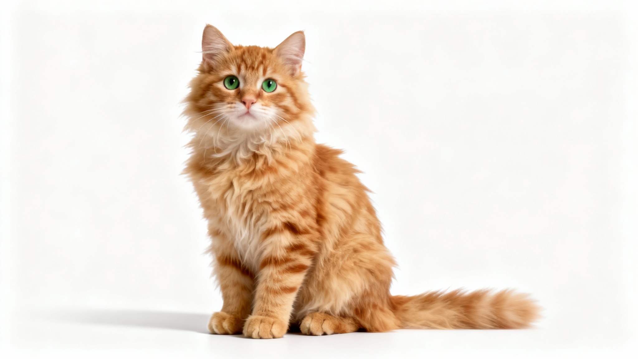 A photorealistic image of a cute ginger tabby cat sitting down and looking forward, isolated against a solid white background to represent a transparent PNG file.