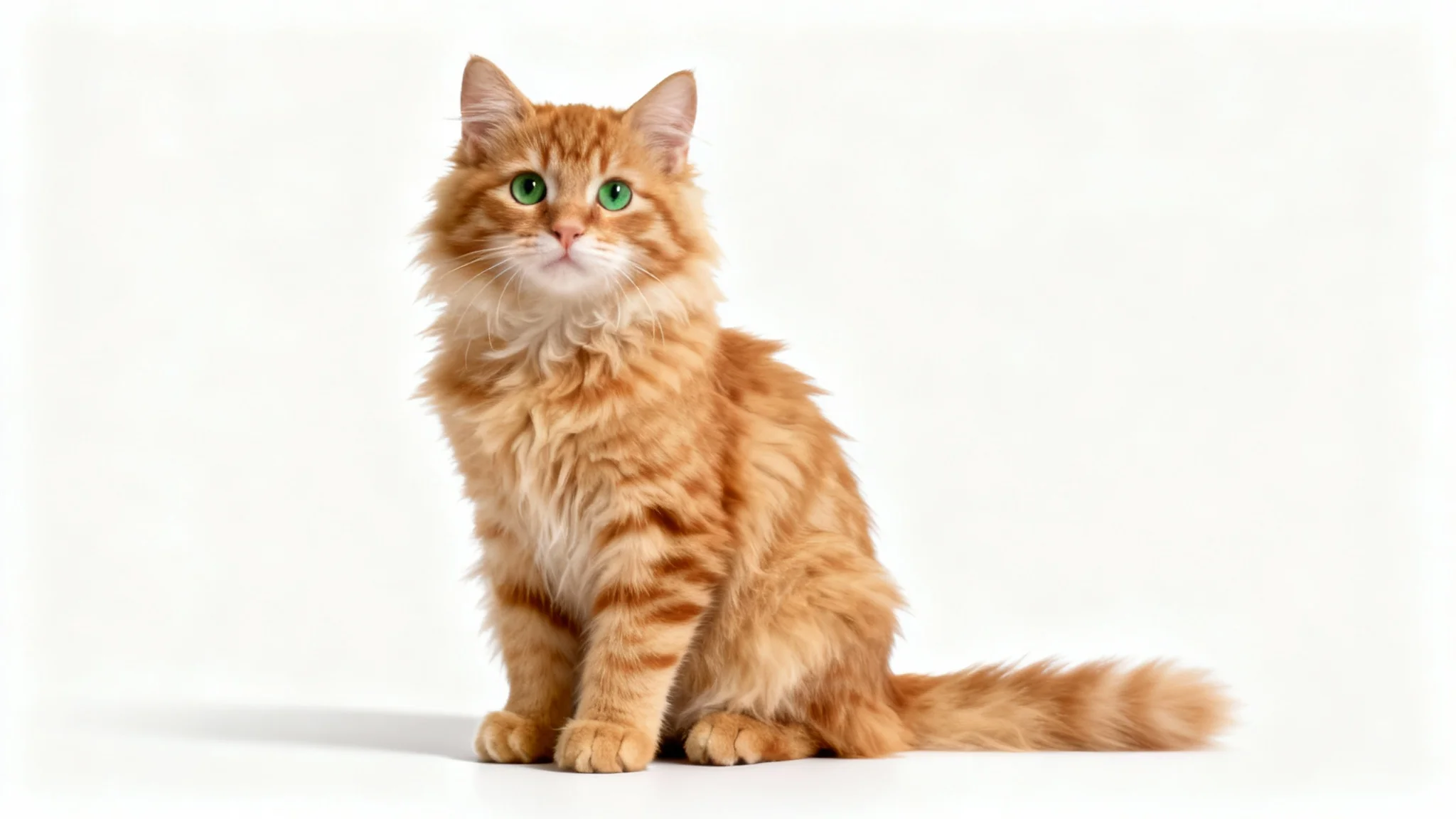 A photorealistic image of a cute ginger tabby cat sitting down and looking forward, isolated against a solid white background to represent a transparent PNG file.