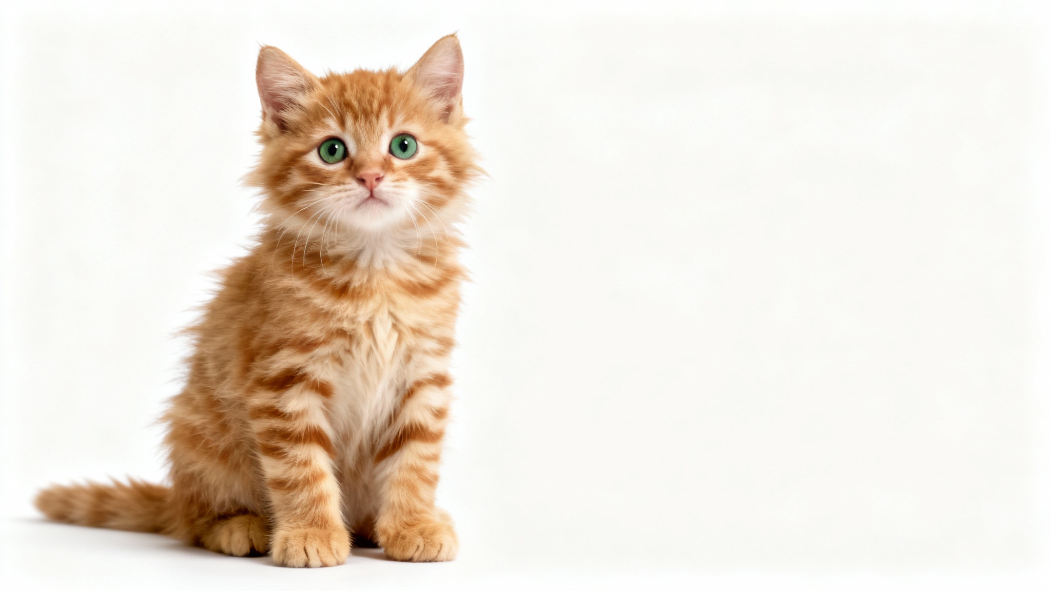A photorealistic, high-quality image of a cute ginger tabby kitten sitting on a plain white background, ideal for creating a transparent PNG.