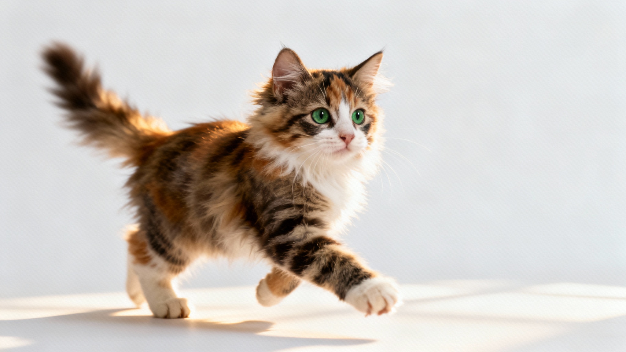 A photorealistic image of a playful calico kitten with soft fur and green eyes, isolated against a solid white background, as if it has been cut out for a design.