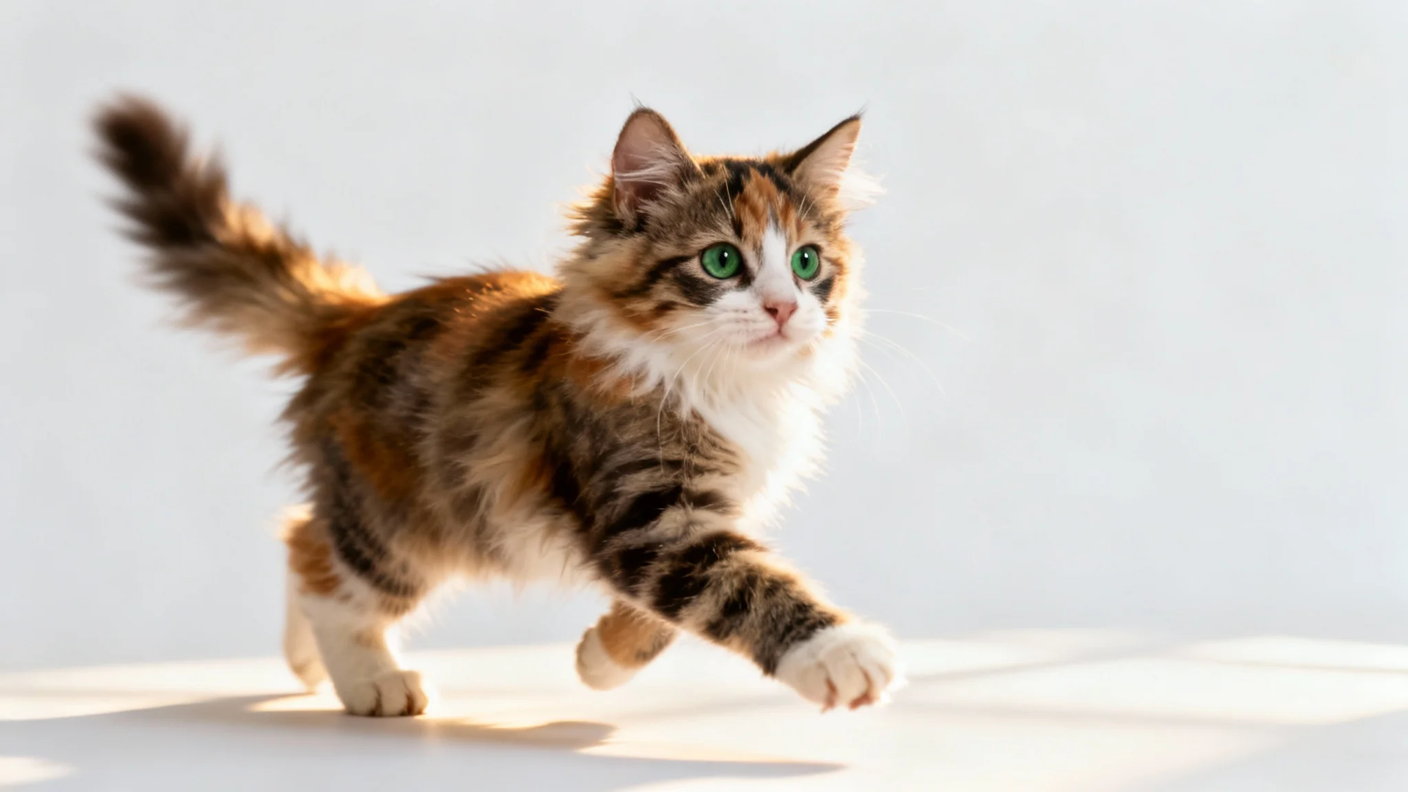 A photorealistic image of a playful calico kitten with soft fur and green eyes, isolated against a solid white background, as if it has been cut out for a design.