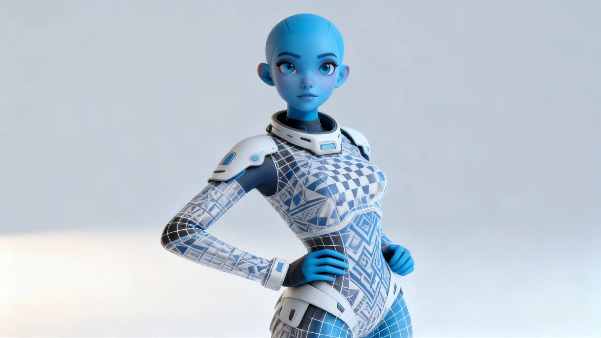 A high-quality 3D render of a stylized character with blue skin and a futuristic outfit. The complex textures and patterns are perfectly applied to the character's body, demonstrating the final result of a successful UV unwrapping process.