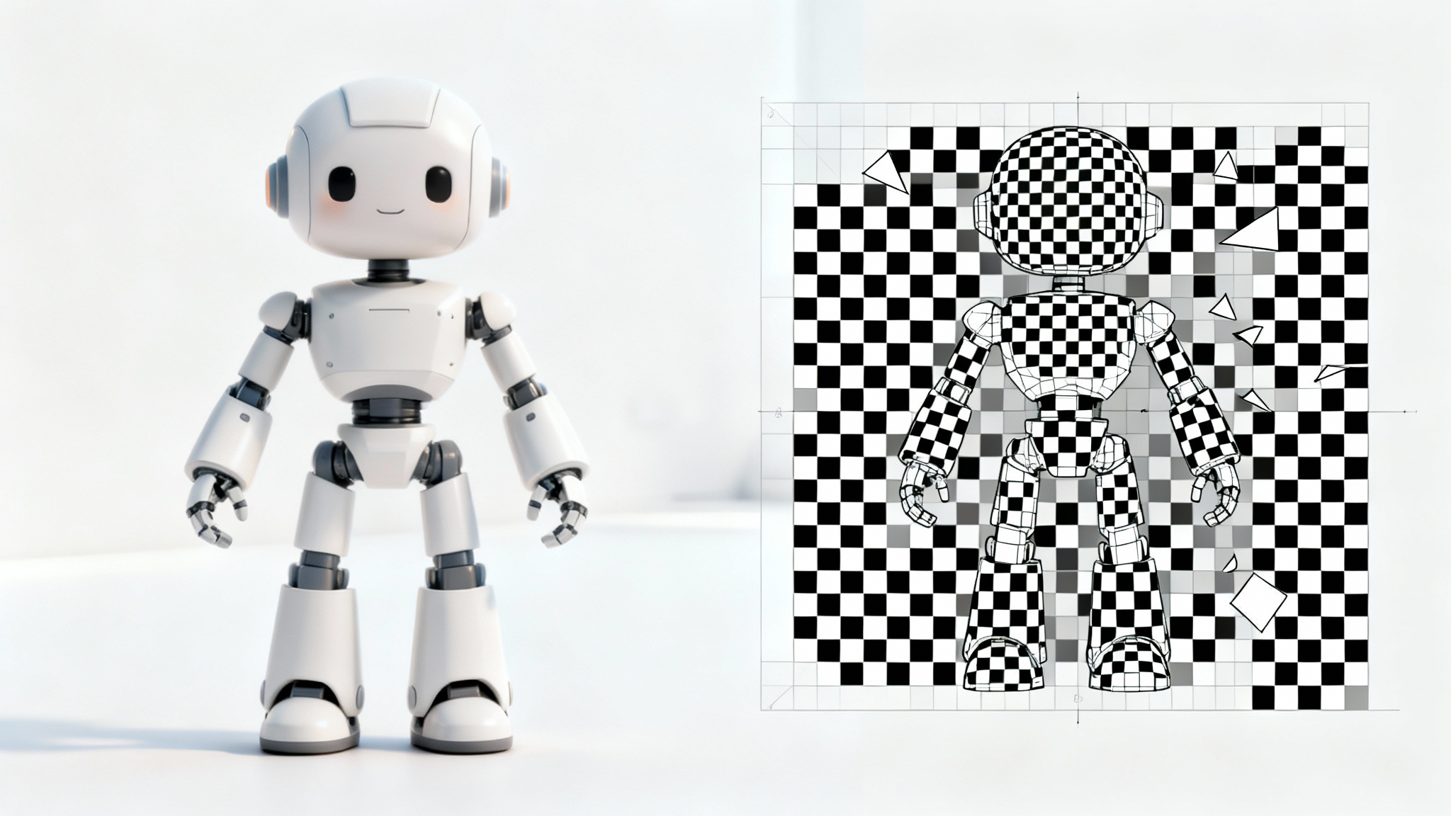A 3D render showing a robot character in a T-pose next to its flattened 2D UV map with a checkerboard pattern, illustrating the concept of UV unwrapping for 3D models.