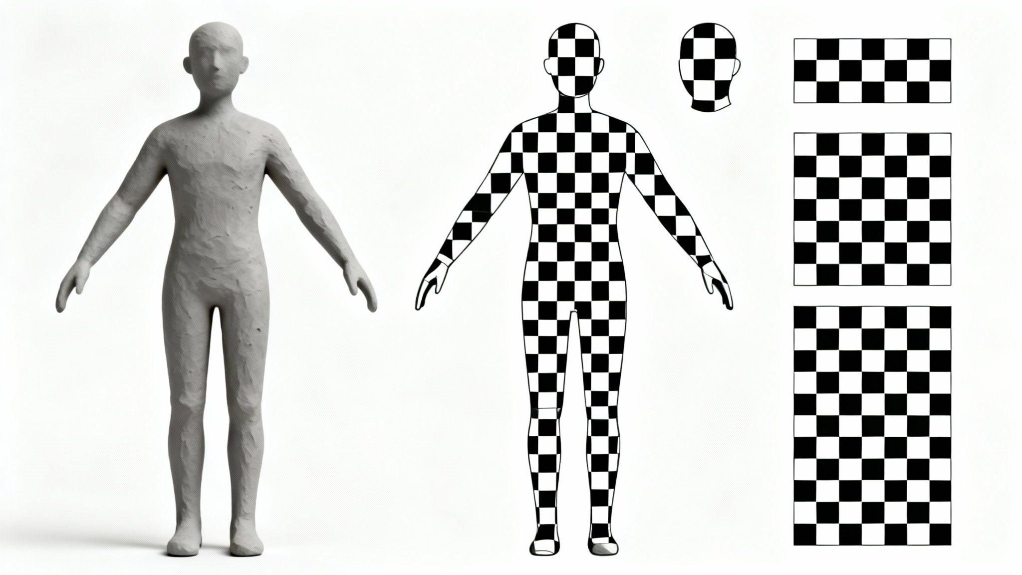 An illustration of 3D UV unwrapping, showing a grey humanoid model on the left and its flattened 2D UV map with a checkerboard pattern on the right, against a white background.