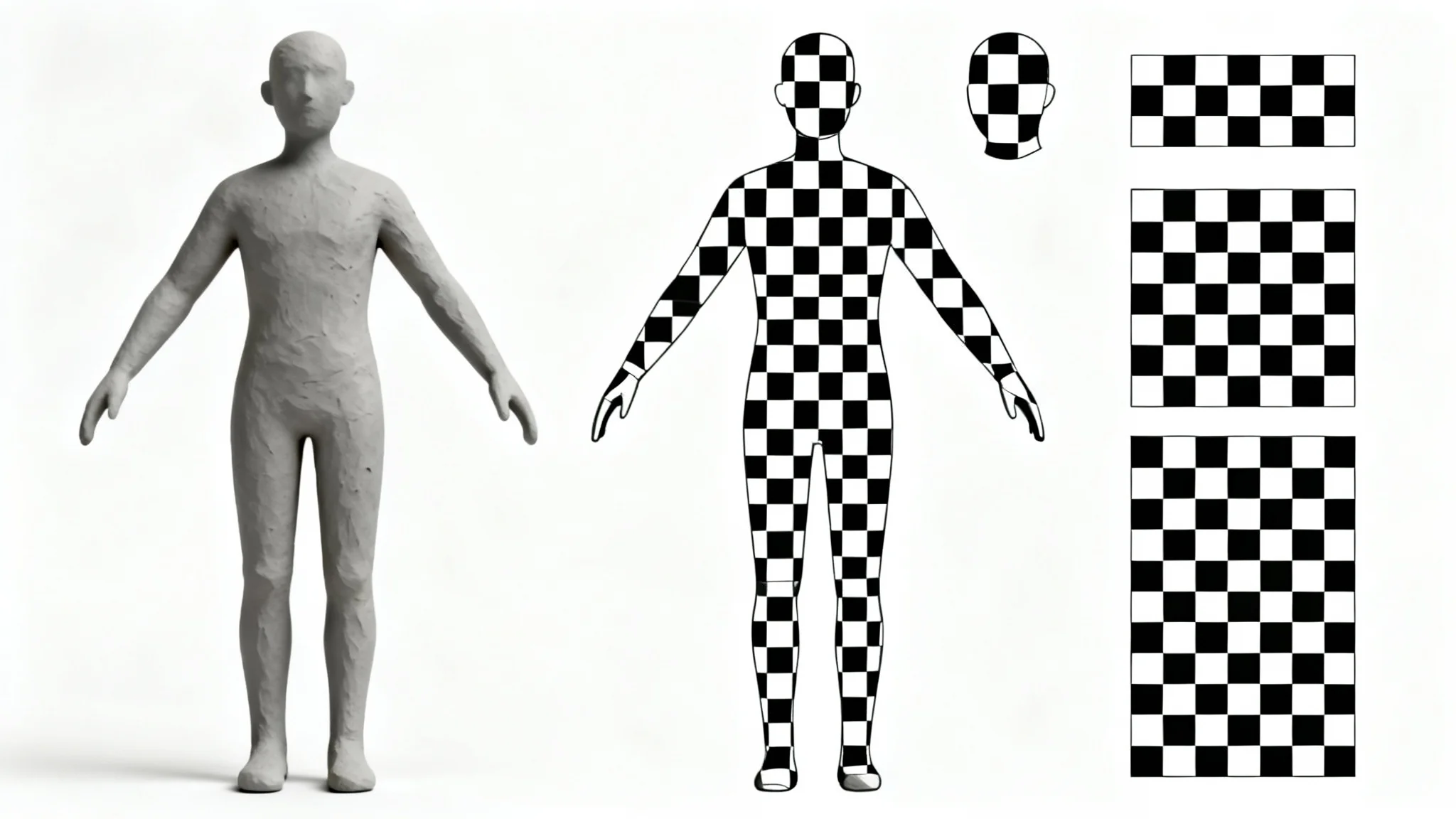 An illustration of 3D UV unwrapping, showing a grey humanoid model on the left and its flattened 2D UV map with a checkerboard pattern on the right, against a white background.