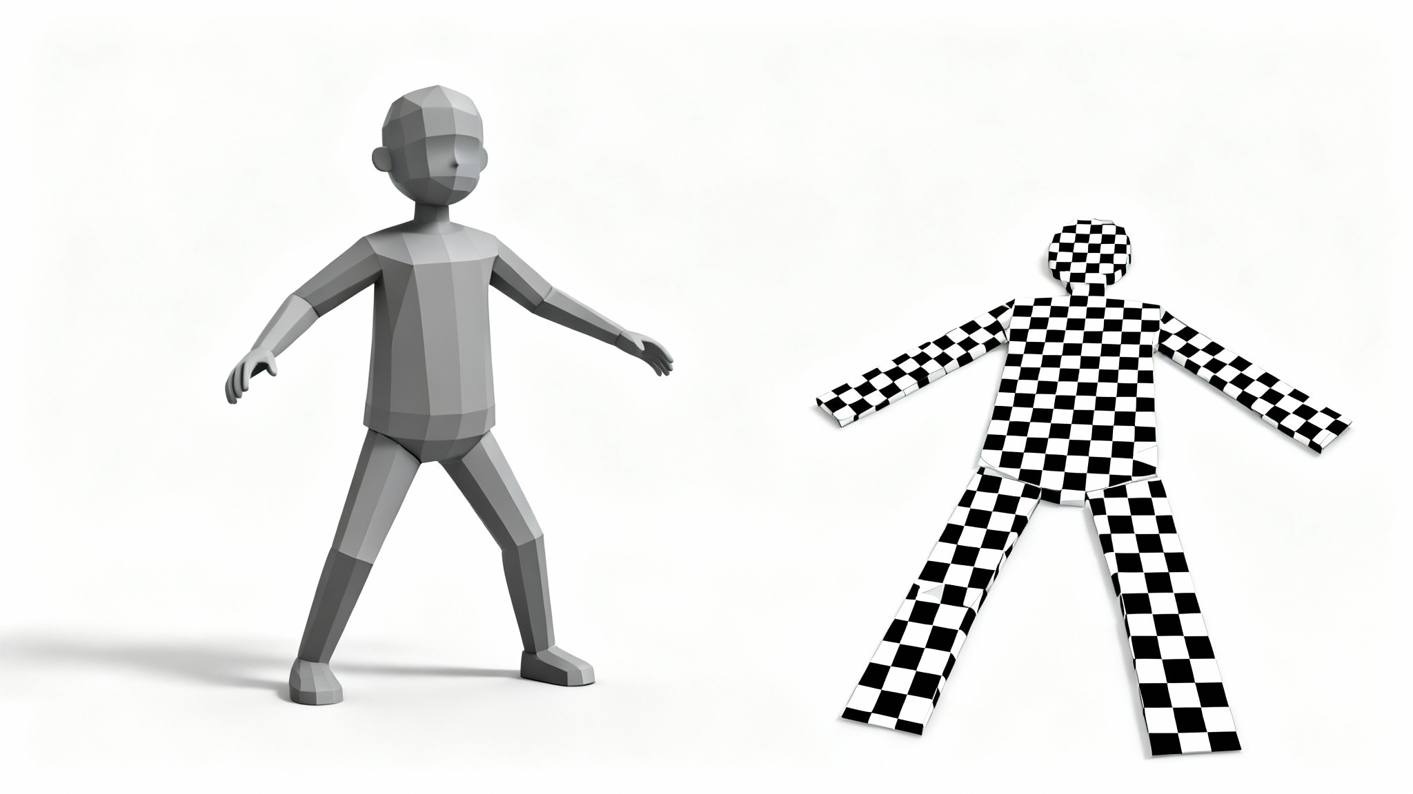 A 3D model of a stylized character standing next to its flattened UV map. The UV map is covered in a black and white checkerboard pattern to show it is perfectly unwrapped. The entire image is on a white background.