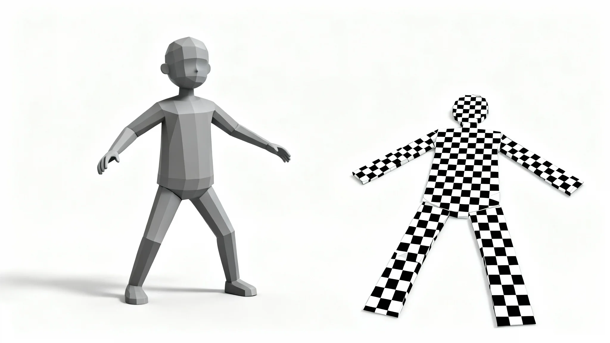 A 3D model of a stylized character standing next to its flattened UV map. The UV map is covered in a black and white checkerboard pattern to show it is perfectly unwrapped. The entire image is on a white background.