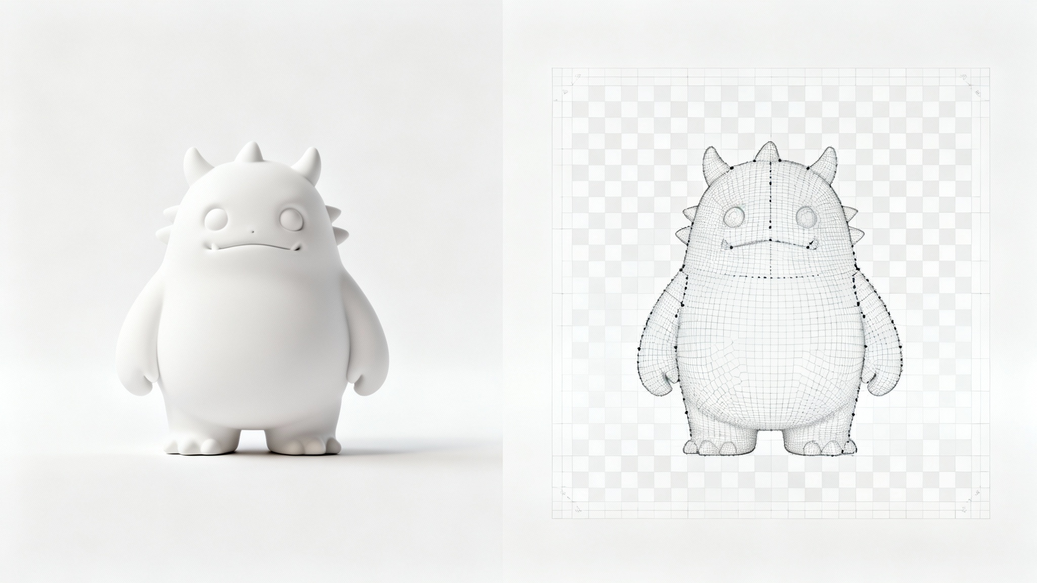A 3D rendering showing the process of UV unwrapping: on the left is a cute 3D cartoon monster, and on the right is its flattened 2D texture map, all on a clean white background.