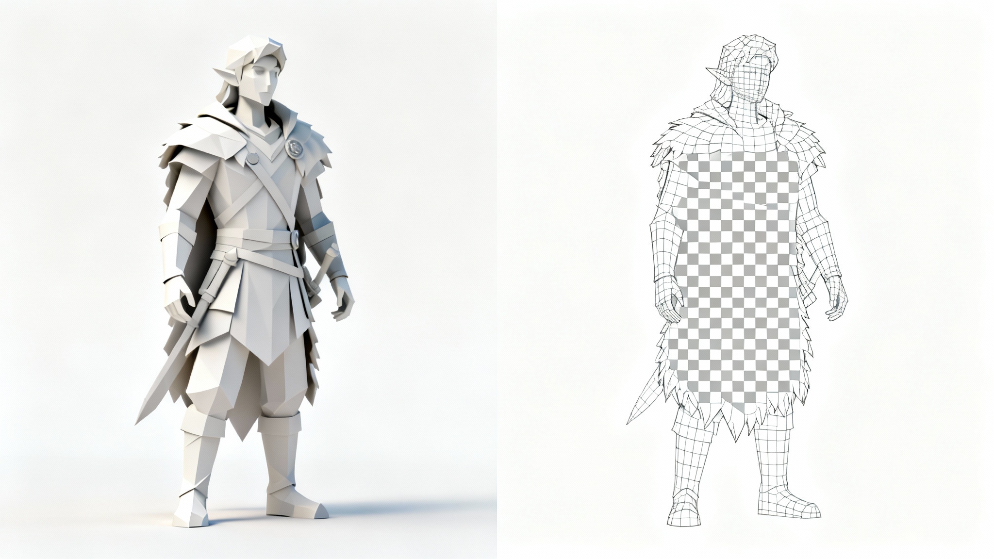A 3D render showing a stylized character model next to its flattened 2D UV map, demonstrating the concept of UV unwrapping for 3D texturing.