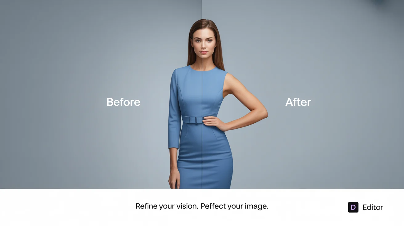 A before-and-after comparison image demonstrating a photo slimming tool. The left side, labeled 'Before', shows a woman in a dress, and the right side, labeled 'After', shows the same woman with a subtly slimmer figure, representing the result of the editor.