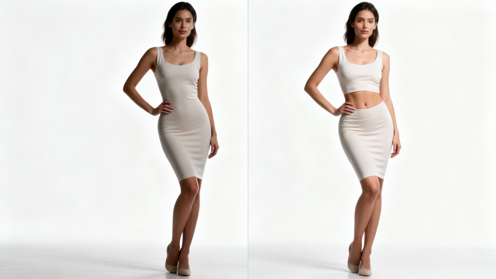 A before-and-after split image demonstrating a photo slimming effect. The left side shows a woman in a dress, and the right side shows the same woman with a digitally slimmed waistline.