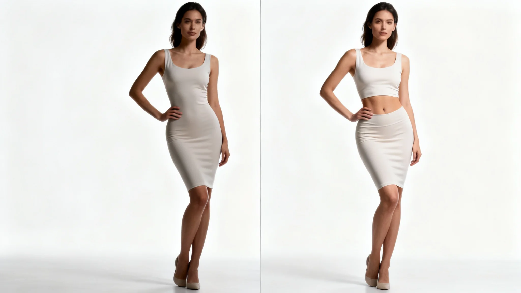 A before-and-after split image demonstrating a photo slimming effect. The left side shows a woman in a dress, and the right side shows the same woman with a digitally slimmed waistline.