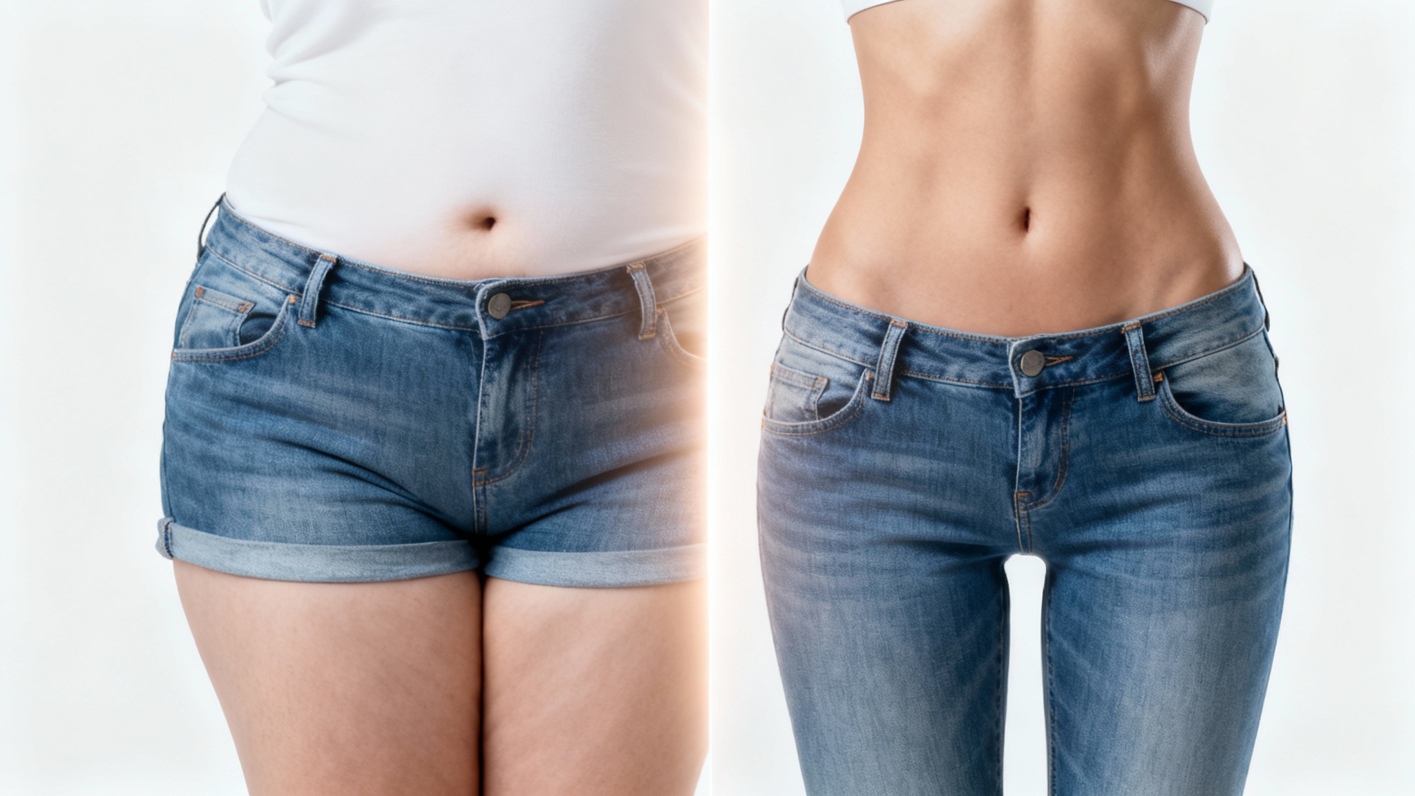 A before-and-after image of a woman's legs and hips in jeans, demonstrating a photo editor's slimming effect against a clean white background.