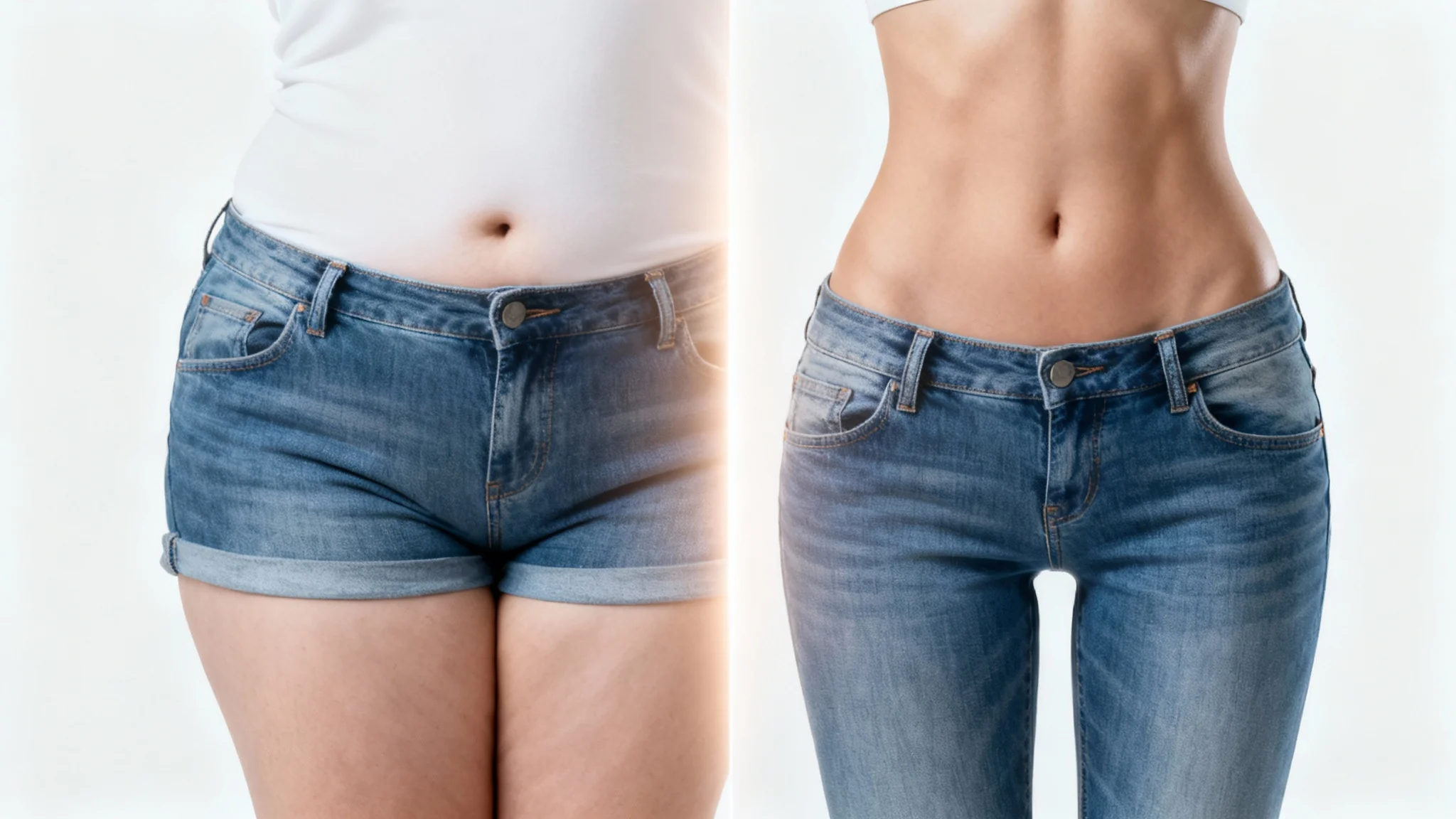 A before-and-after image of a woman's legs and hips in jeans, demonstrating a photo editor's slimming effect against a clean white background.