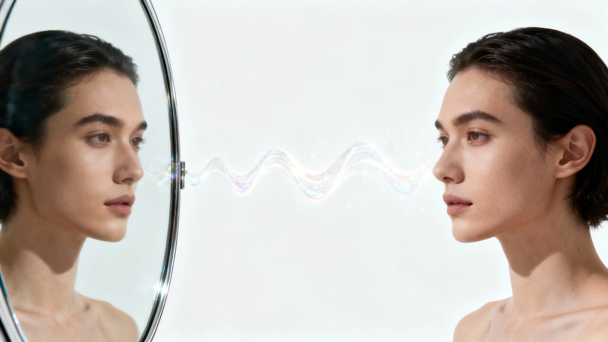 A conceptual image showing a distorted reflection of a person being transformed into a clear, flattering image, symbolizing the effect of a slim photo editor.