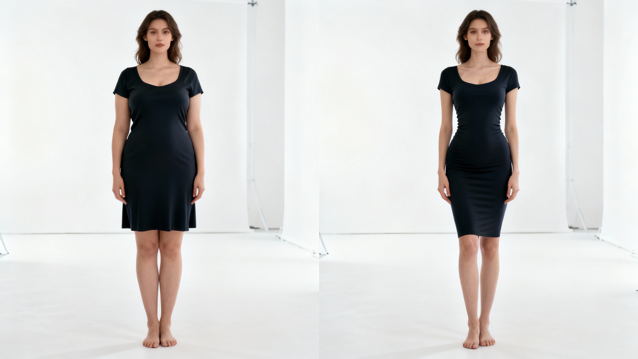 A split-screen comparison image demonstrating a photo slimming effect. On the left, a woman in a dress is shown with her natural figure. On the right, the same woman appears subtly slimmer, illustrating the result of a photo editor.