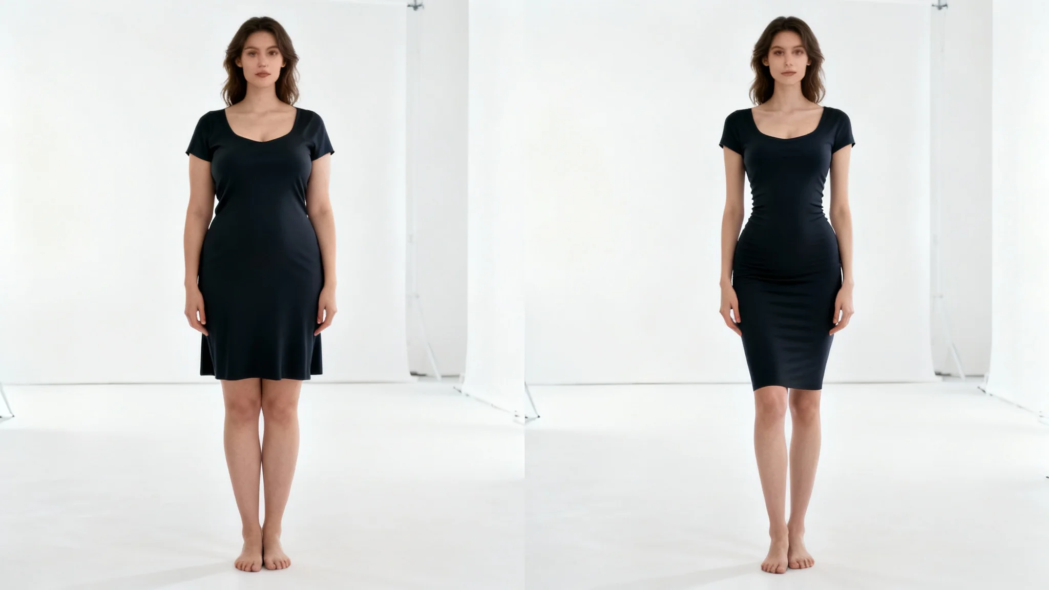 A split-screen comparison image demonstrating a photo slimming effect. On the left, a woman in a dress is shown with her natural figure. On the right, the same woman appears subtly slimmer, illustrating the result of a photo editor.