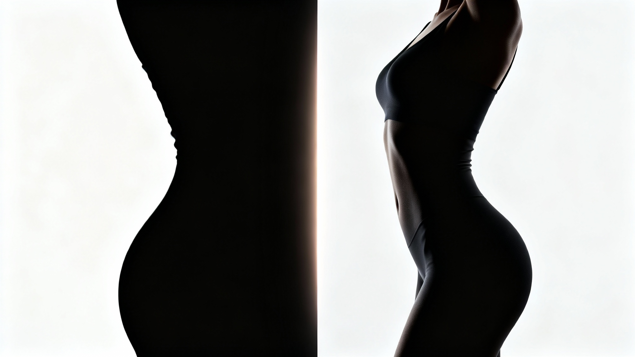 A before-and-after mockup demonstrating a slim photo editor, showing a person's silhouette being subtly and realistically slimmed from one side to the other, against a clean white background.