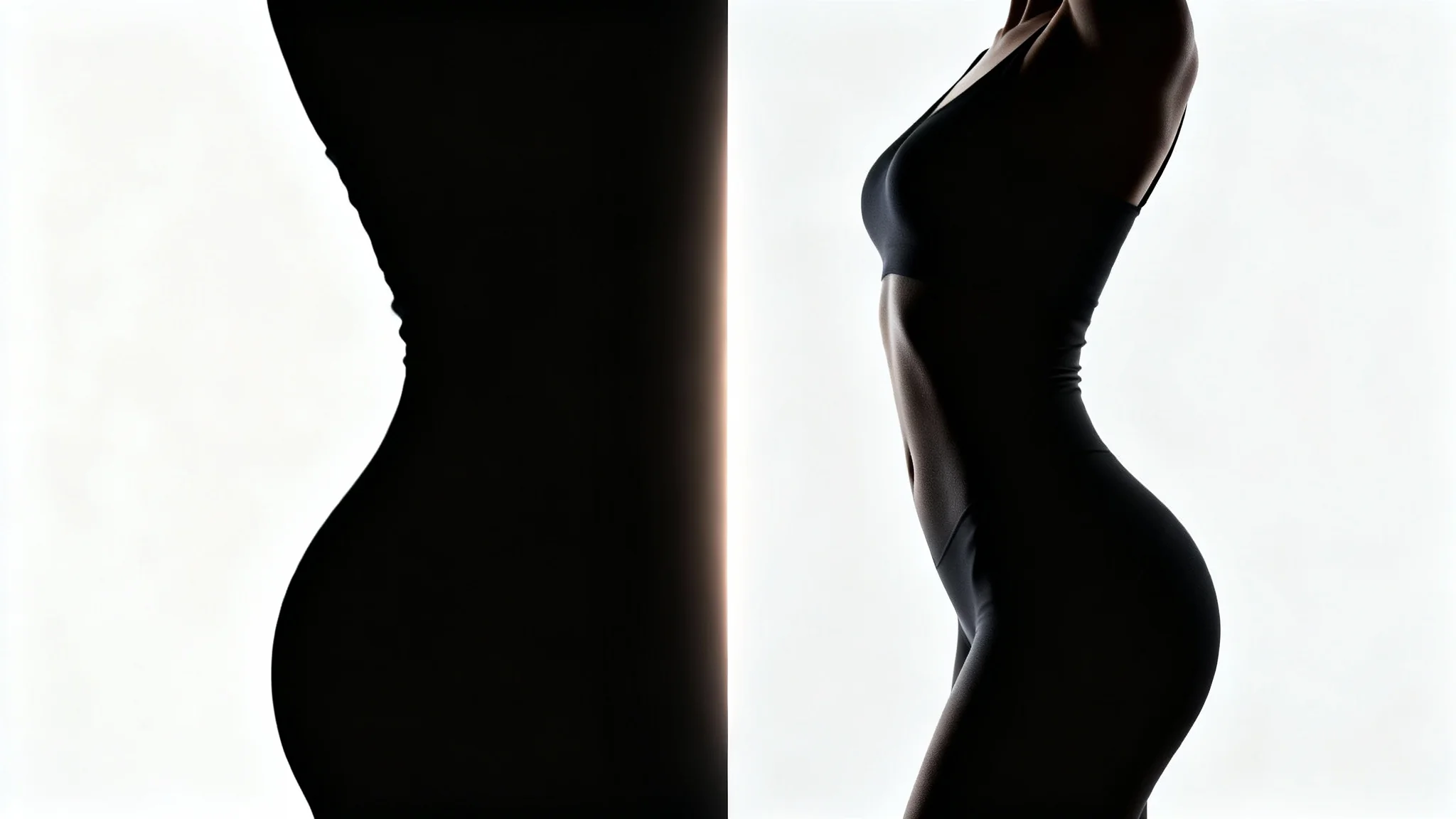 A before-and-after mockup demonstrating a slim photo editor, showing a person's silhouette being subtly and realistically slimmed from one side to the other, against a clean white background.