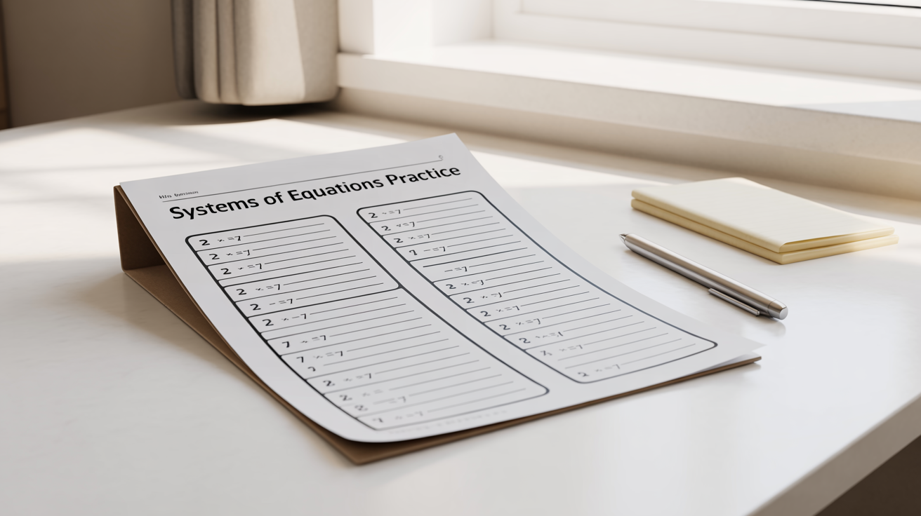 A professionally designed and digitized systems of equations math worksheet with a clean two-column layout, clear typography, and numbered problems, shown as a final printable document.