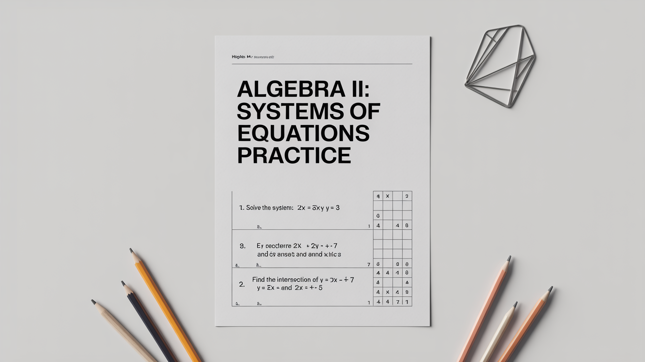 A mockup of a high school algebra worksheet on systems of equations, featuring a title and sample problems, displayed on a clean white background.
