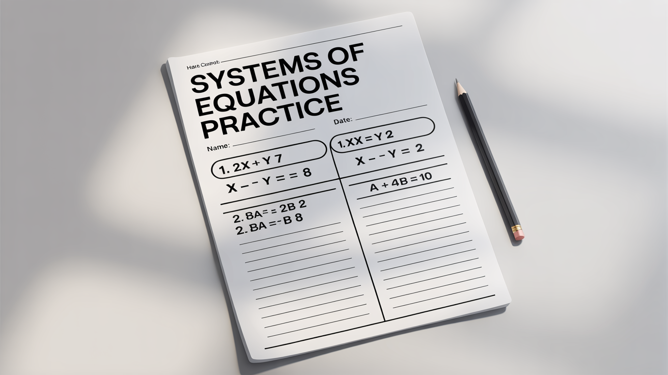 A mockup of a clean and modern math worksheet for solving systems of equations, shown on a white background.