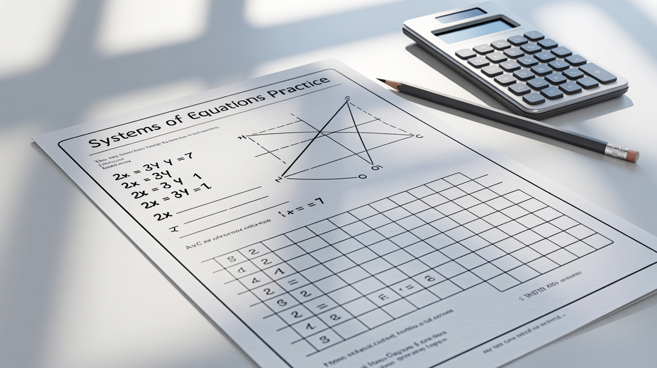 A flat lay image of a systems of equations math worksheet, complete with graphs and problems, next to a pencil and a calculator on a clean white background.